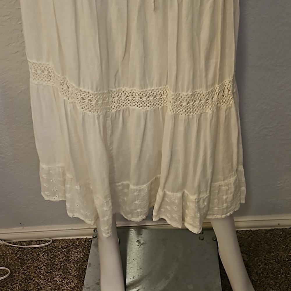 BOBBIE BROOKS 1990s Cream Lace Tiered Drawstring Waist Boho Festival Midi Skirt - Picture 5 of 8